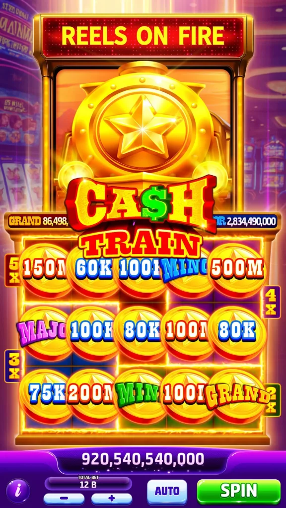 Rodillos de tragamonedas con luces de neón en un casino moderno